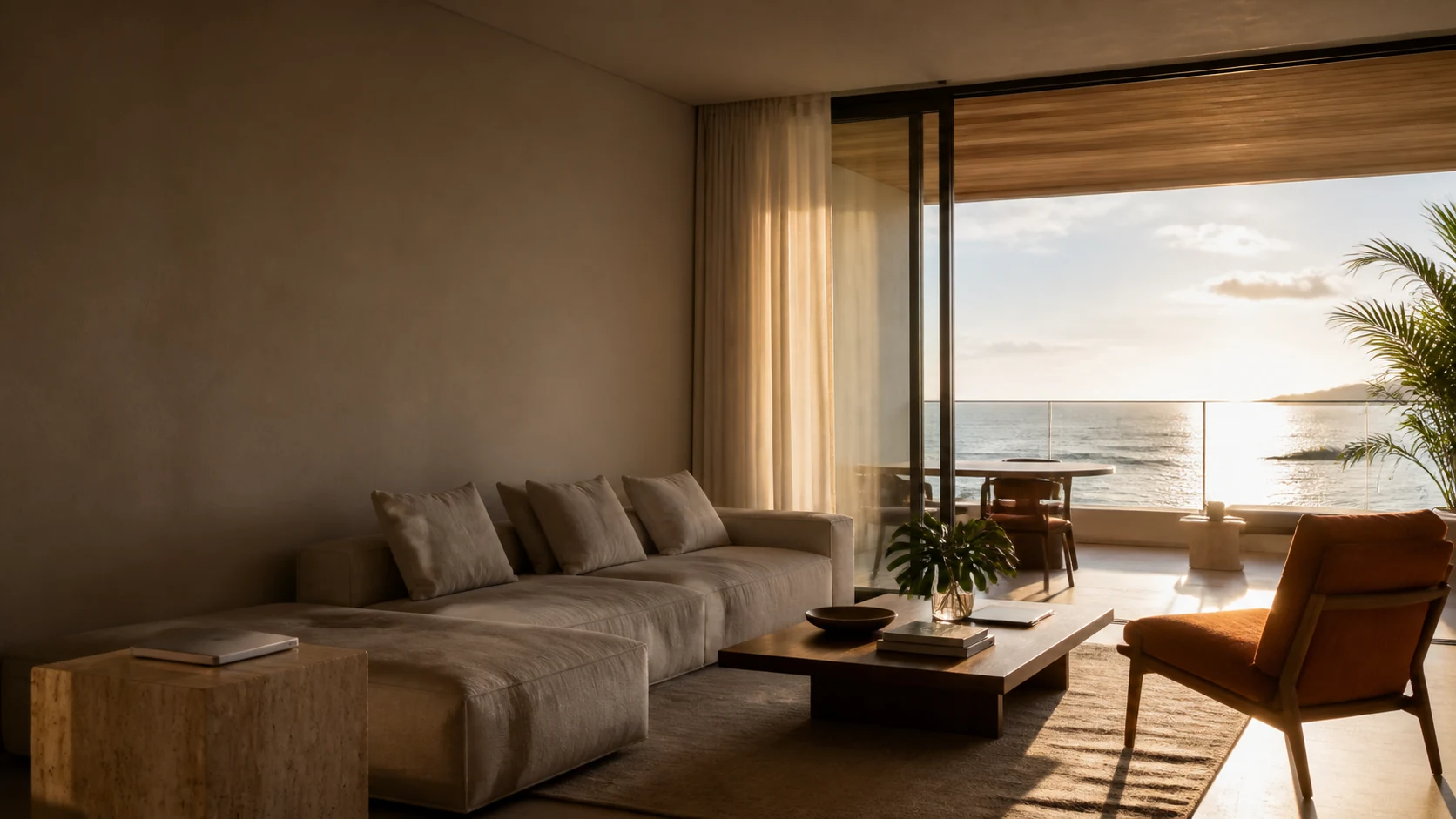 Sala elegante de uma hospedagem com varanda e vista para o mar